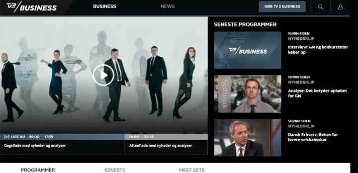 TV 2 BUSINESS kan ses på en dedikeret ny app til iPhone og iPad, på tv2business.dk samt på fladskærme via Chromecast eller AirPlay. (Screenshot fra tv2business.dk)