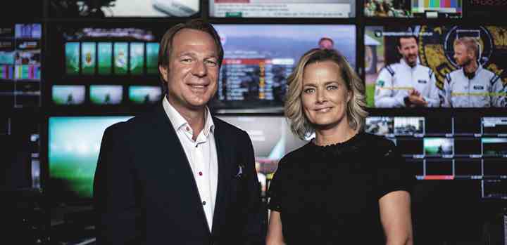 TV 2s sportschef, Frederik Lauesen, sammen med TV 2s administrerende direktør, Anne Engdal Stig Christensen. (Foto: Jens Wognsen / TV 2)