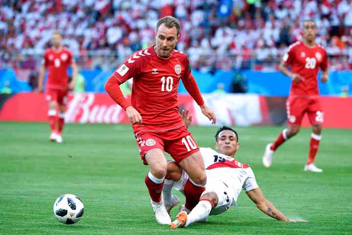 Christian Eriksen fotograferet i landskamp for Danmark mod Peru under FIFA VM i 2018. (Foto: Liselotte Sabroe / Ritzau Scanpix / TV 2)