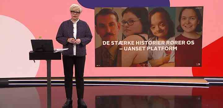 Indholdsdirektør Lotte Lindegaard på den virtuelle udgave af Producenternes Dag, der blev sendt fra TV 2s nyhedsstudie i Odense.