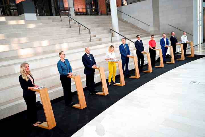 Lederne fra Folketingets partier debatterede coronakrisen 14. maj 2020. Det foregik på Statens Museum for Kunst, hvor også den kommende partilederdebat 11. marts finder sted. (Foto: Philip Davali / Ritzau Scanpix / TV 2)