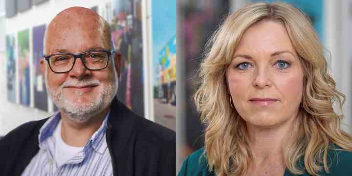 Værter på TV2 Nords valgaften er politisk analytiker Søren Wormslev og chefredaktør Ingrid Buch. (Foto: TV2 Nord)